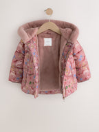 Pink Unicorn Shower Resistant Faux Fur Trim Padded Coat (6mths-7yrs)