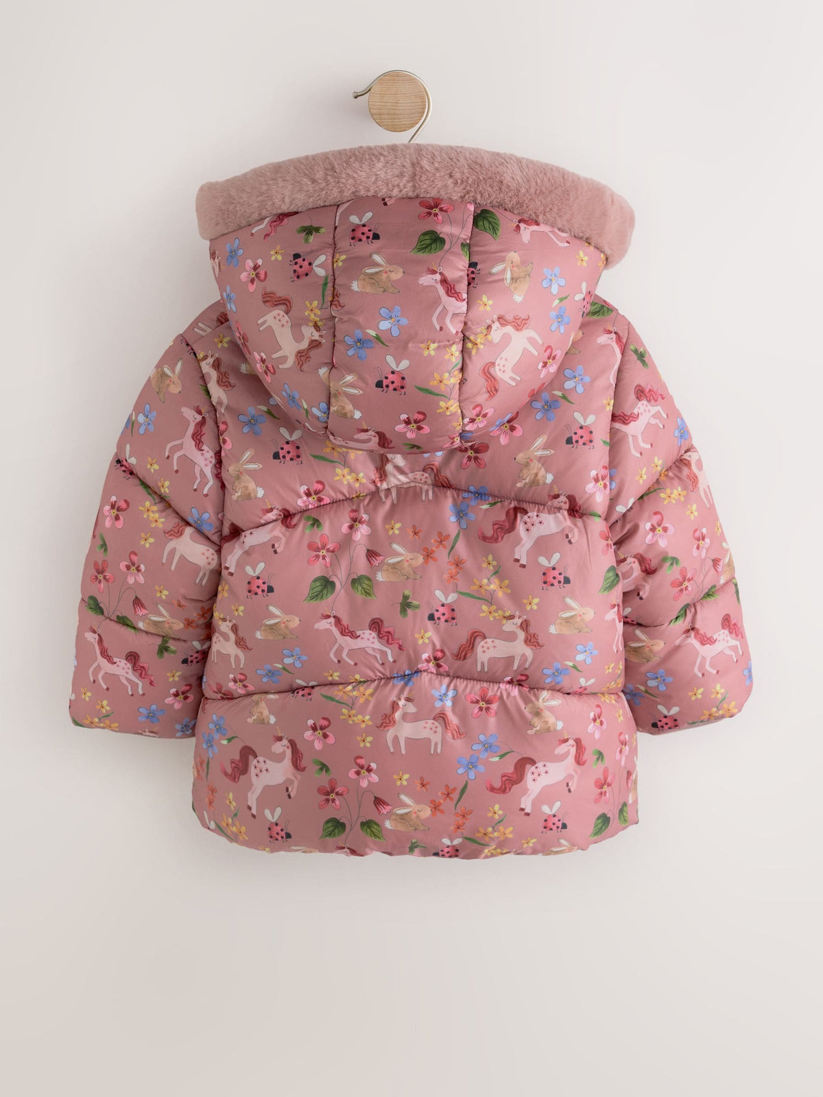Pink Unicorn Shower Resistant Faux Fur Trim Padded Coat (6mths-7yrs)