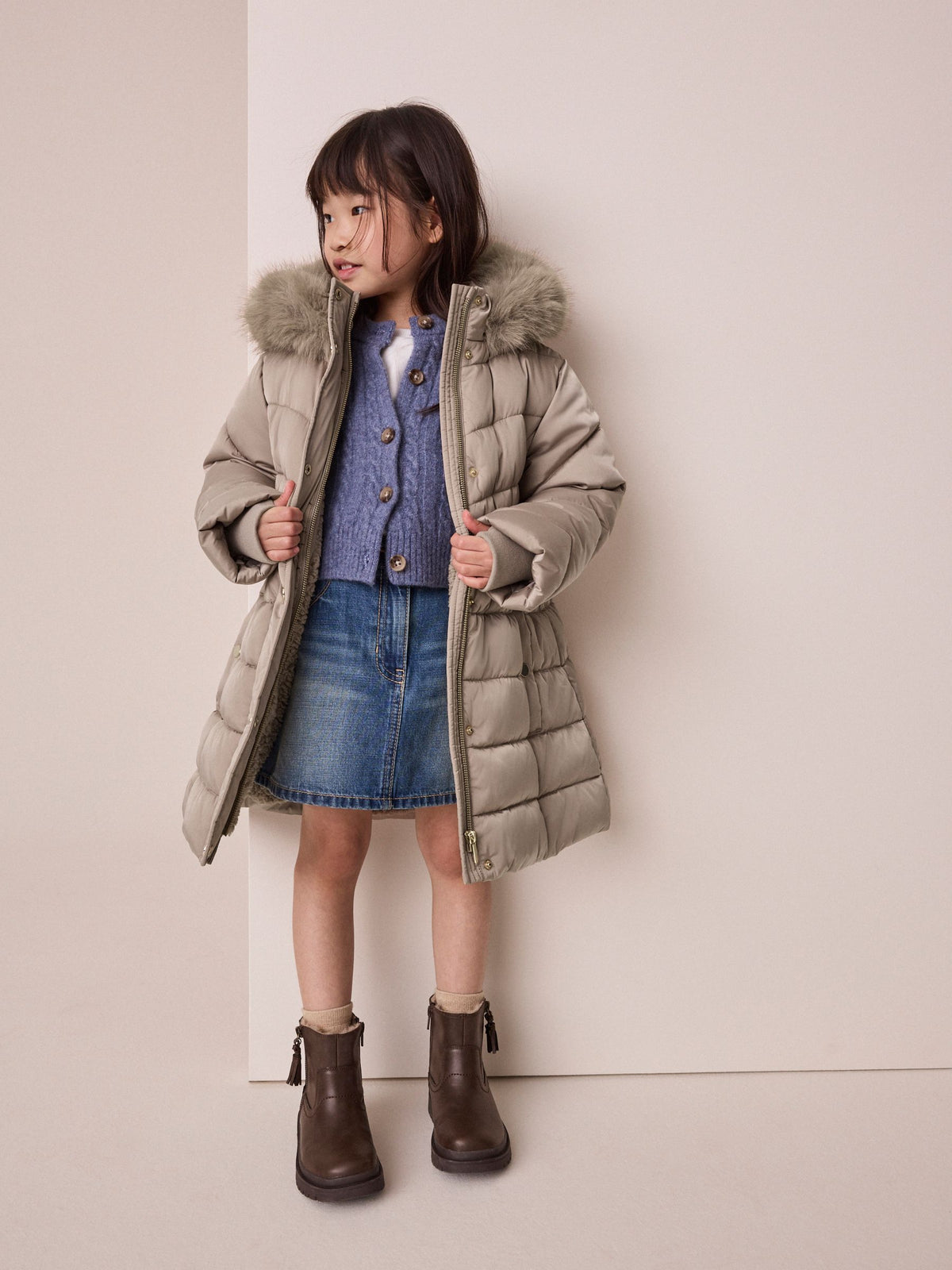 Taupe Shower Resistant Faux Fur Trim Padded Coat (3-16yrs)
