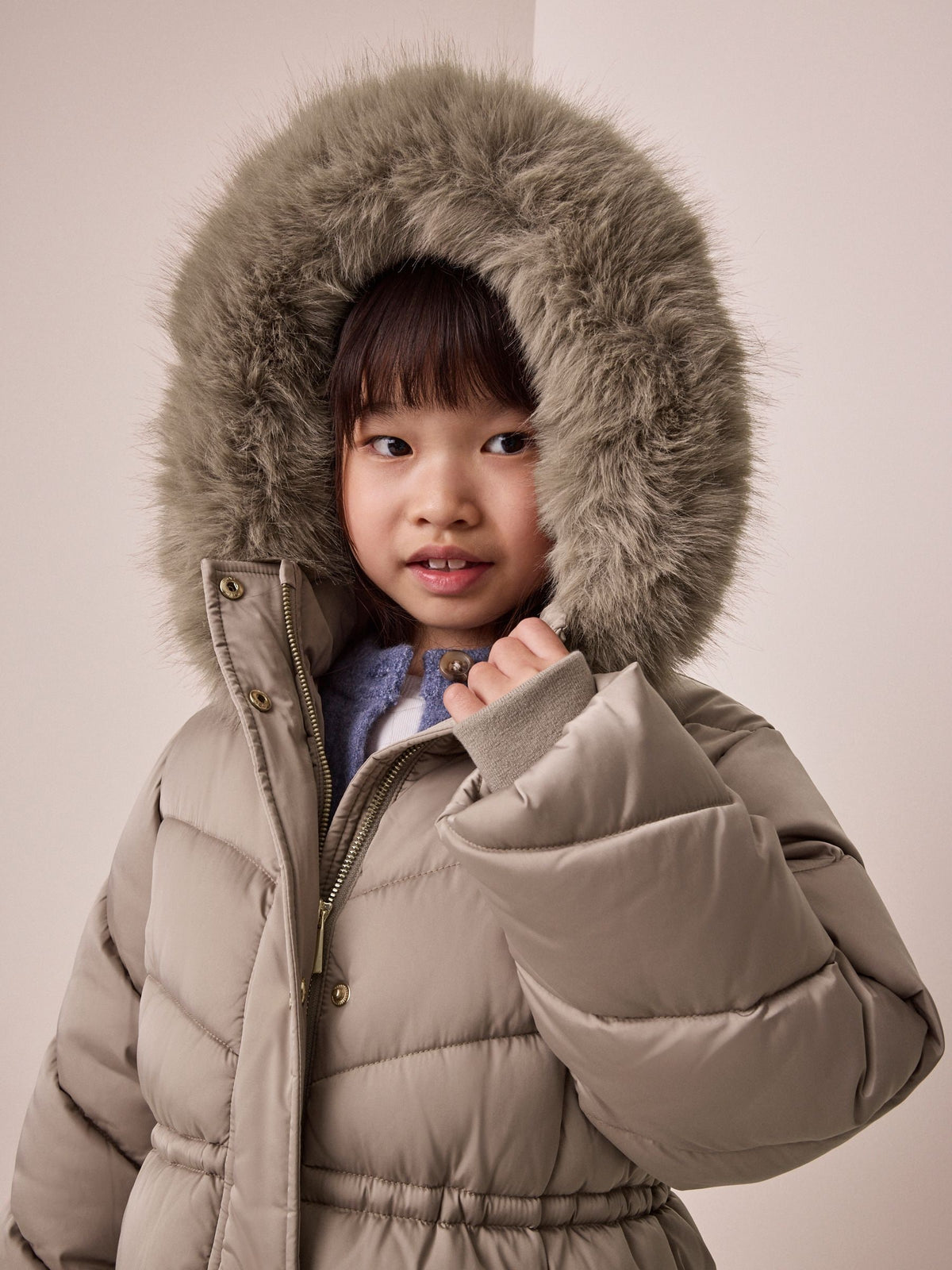 Taupe Shower Resistant Faux Fur Trim Padded Coat (3-16yrs)