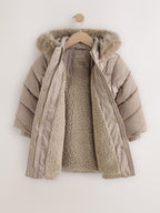 Taupe Shower Resistant Faux Fur Trim Padded Coat (3-16yrs)