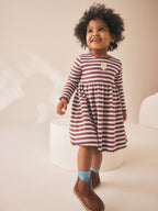 Brown Stripe Flower Long Sleeve Ribbed Dress (3mths-7yrs)