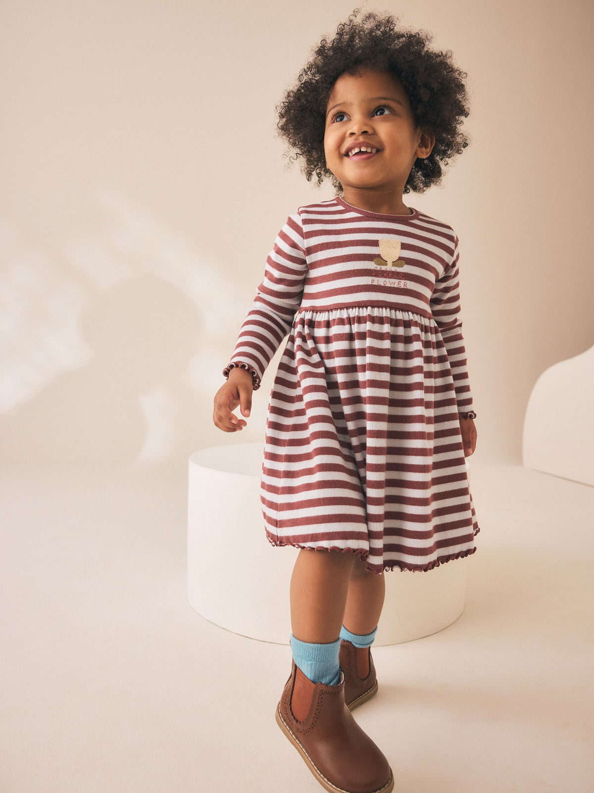 Brown Stripe Flower Long Sleeve Ribbed Dress (3mths-7yrs)