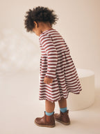 Brown Stripe Flower Long Sleeve Ribbed Dress (3mths-7yrs)
