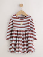 Brown Stripe Flower Long Sleeve Ribbed Dress (3mths-7yrs)