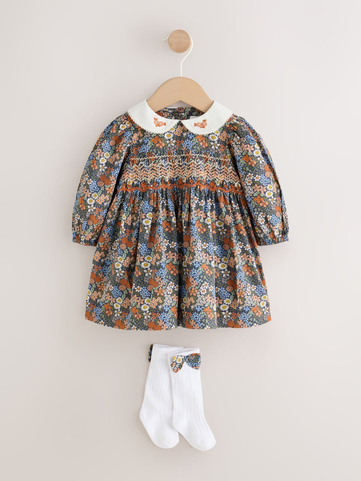 Blue Floral Woven Dress, Knicker and Sock Baby Set 3 Piece (0mths-2yrs)