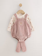 Pink Bear Cord Baby Long Sleeve Bodysuit, Romper And Tights 3 Piece Set (0mths-2yrs)