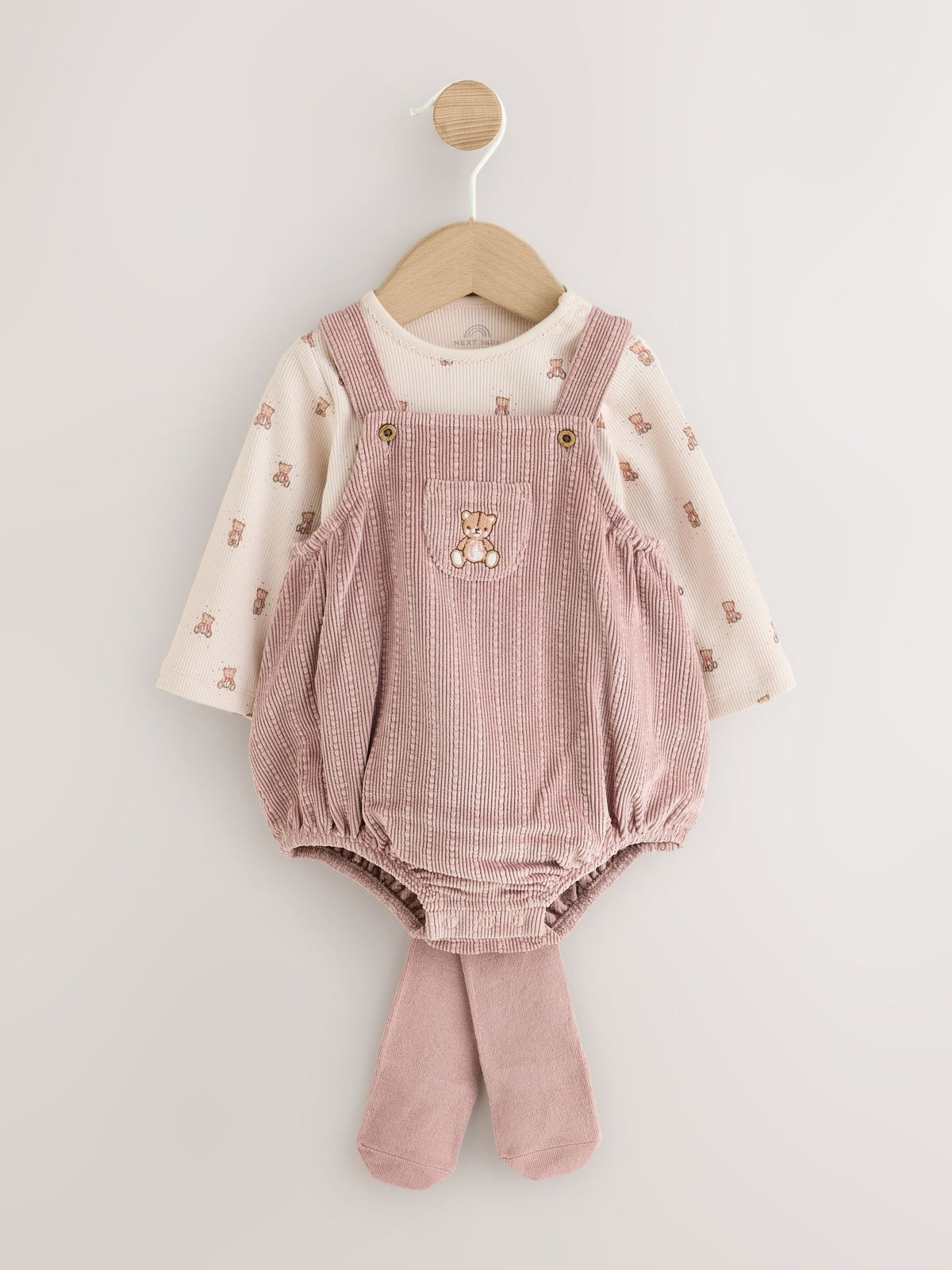 Pink Bear Cord Baby Long Sleeve Bodysuit, Romper And Tights 3 Piece Set (0mths-2yrs)