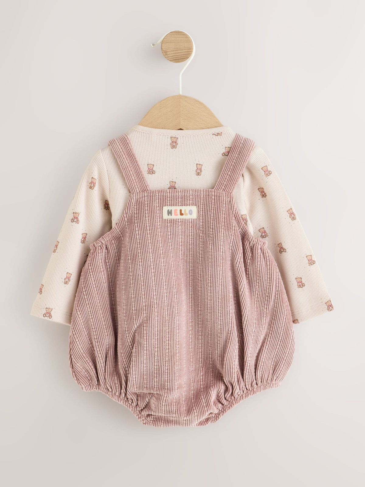 Pink Bear Cord Baby Long Sleeve Bodysuit, Romper And Tights 3 Piece Set (0mths-2yrs)