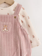 Pink Bear Cord Baby Long Sleeve Bodysuit, Romper And Tights 3 Piece Set (0mths-2yrs)