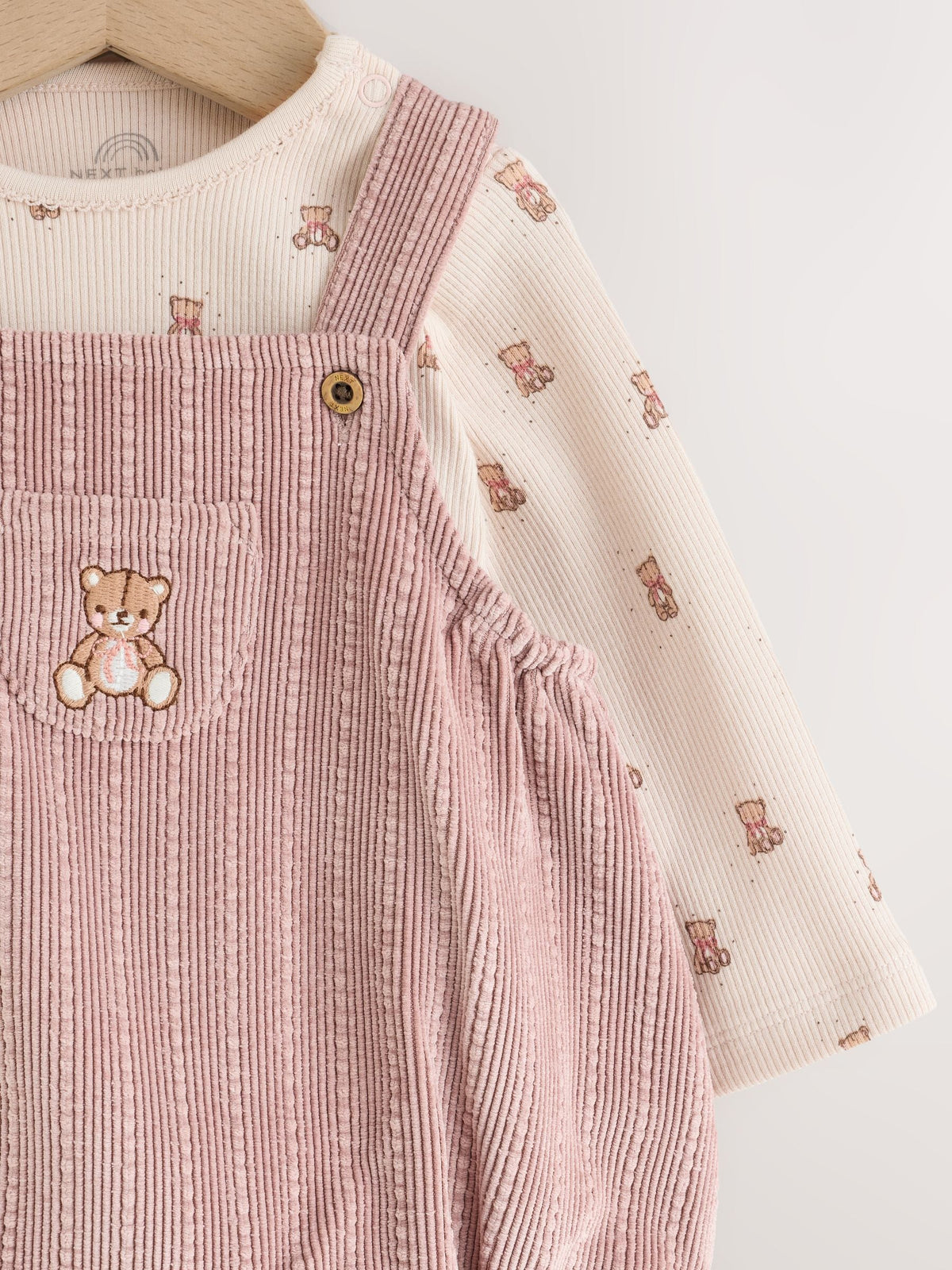 Pink Bear Cord Baby Long Sleeve Bodysuit, Romper And Tights 3 Piece Set (0mths-2yrs)
