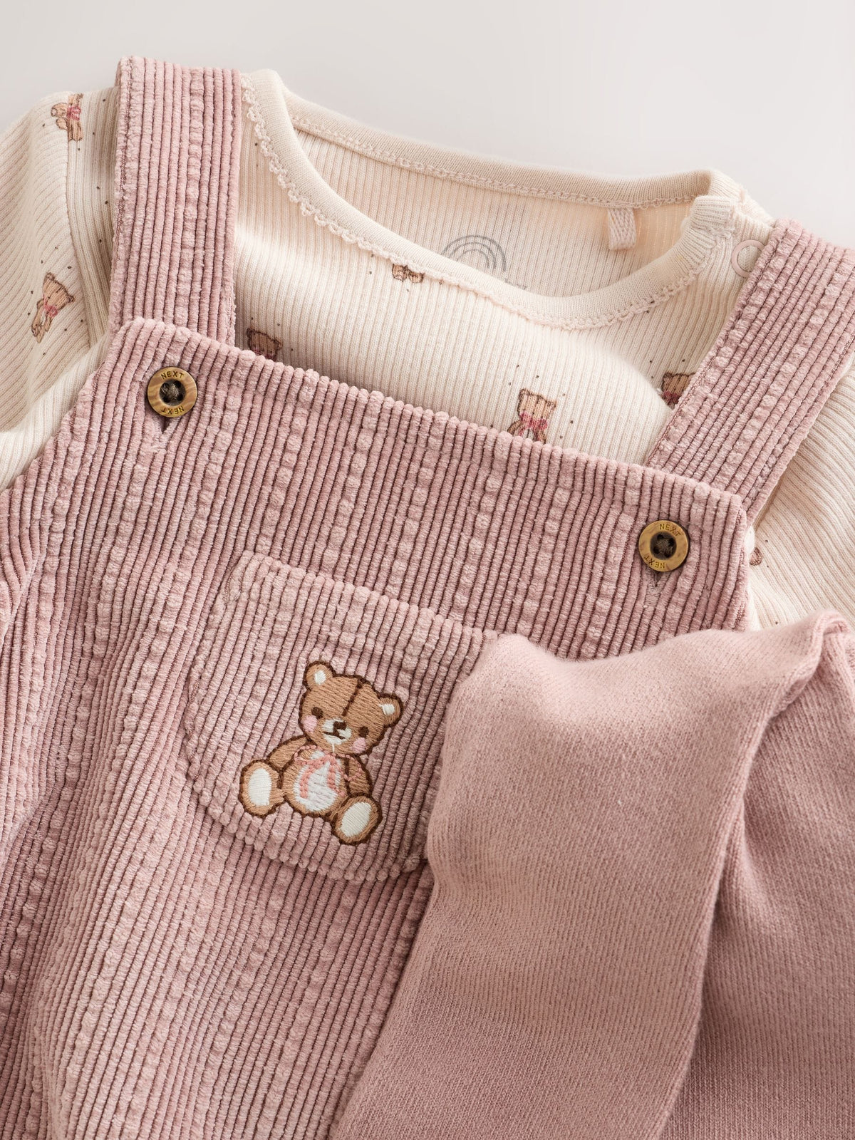 Pink Bear Cord Baby Long Sleeve Bodysuit, Romper And Tights 3 Piece Set (0mths-2yrs)