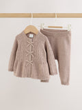 Chocolate Brown Frill Knitted Bow Baby Cardigan & Leggings Set 2 Piece (0mths-2yrs)