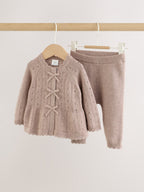 Chocolate Brown Frill Knitted Bow Baby Cardigan & Leggings Set 2 Piece (0mths-2yrs)