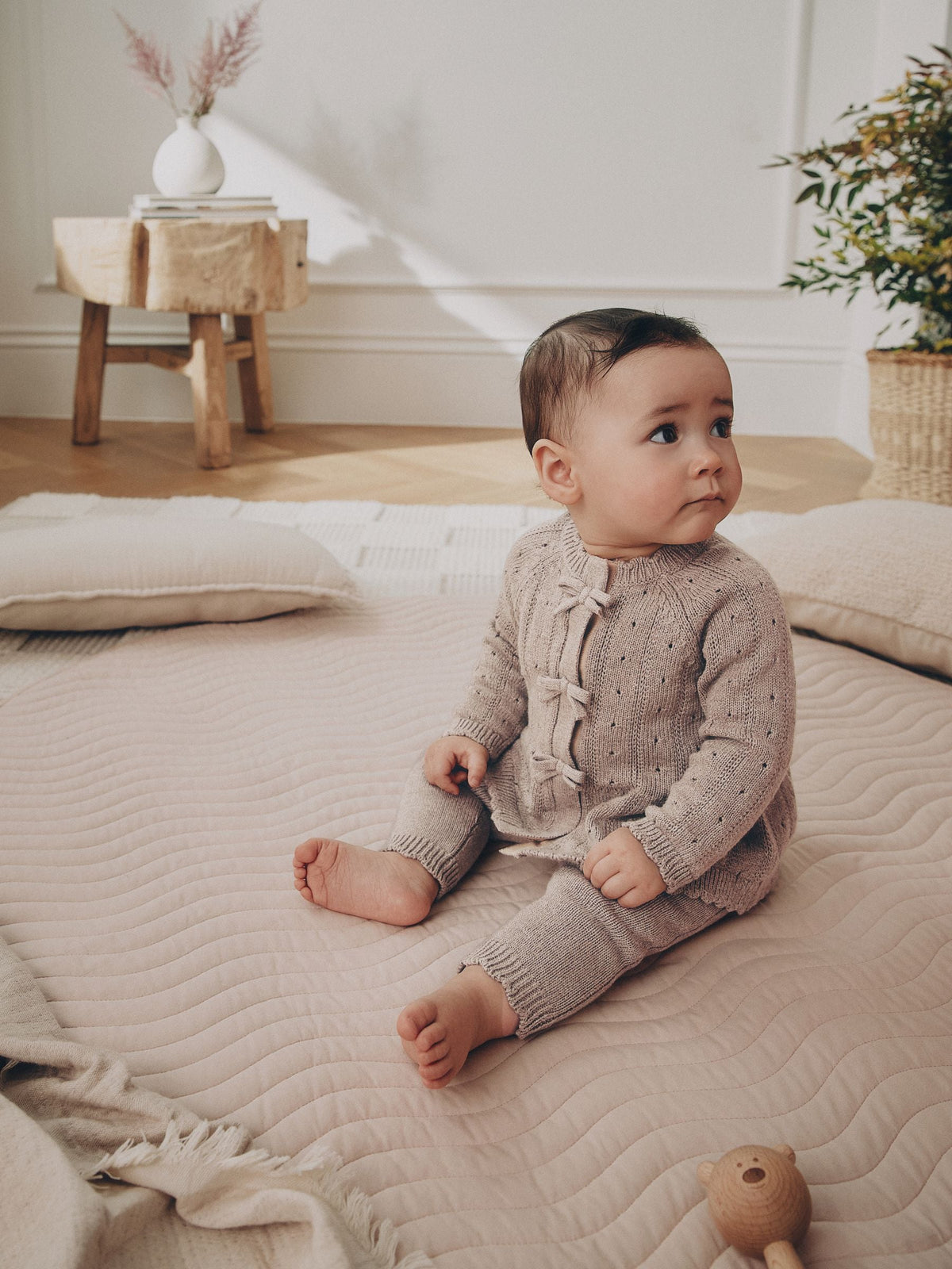 Chocolate Brown Frill Knitted Bow Baby Cardigan & Leggings Set 2 Piece (0mths-2yrs)