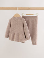 Chocolate Brown Frill Knitted Bow Baby Cardigan & Leggings Set 2 Piece (0mths-2yrs)