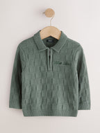 Green Textured Knitted Zip Neck Polo Shirt (3mths-7yrs)