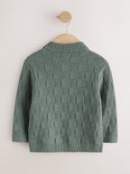 Green Textured Knitted Zip Neck Polo Shirt (3mths-7yrs)