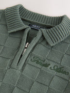 Green Textured Knitted Zip Neck Polo Shirt (3mths-7yrs)
