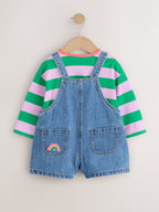 Denim Stripe T-Shirt Dungaree and Tights Set (3mths-7yrs)