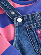 Blue/Pink Stripe Embroidered Denim Dungaree Set (3mths-7yrs)