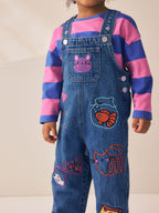 Blue/Pink Stripe Embroidered Denim Dungaree Set (3mths-7yrs)