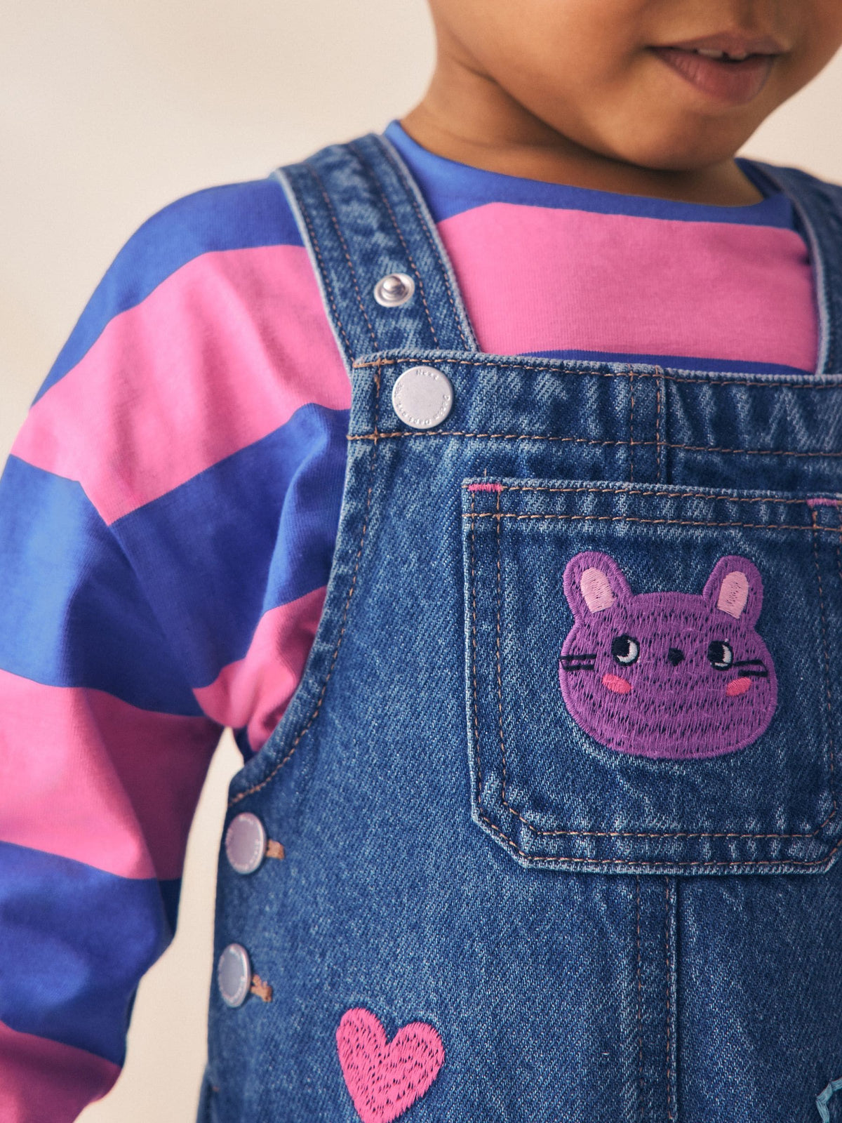 Blue/Pink Stripe Embroidered Denim Dungaree Set (3mths-7yrs)