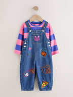Blue/Pink Stripe Embroidered Denim Dungaree Set (3mths-7yrs)
