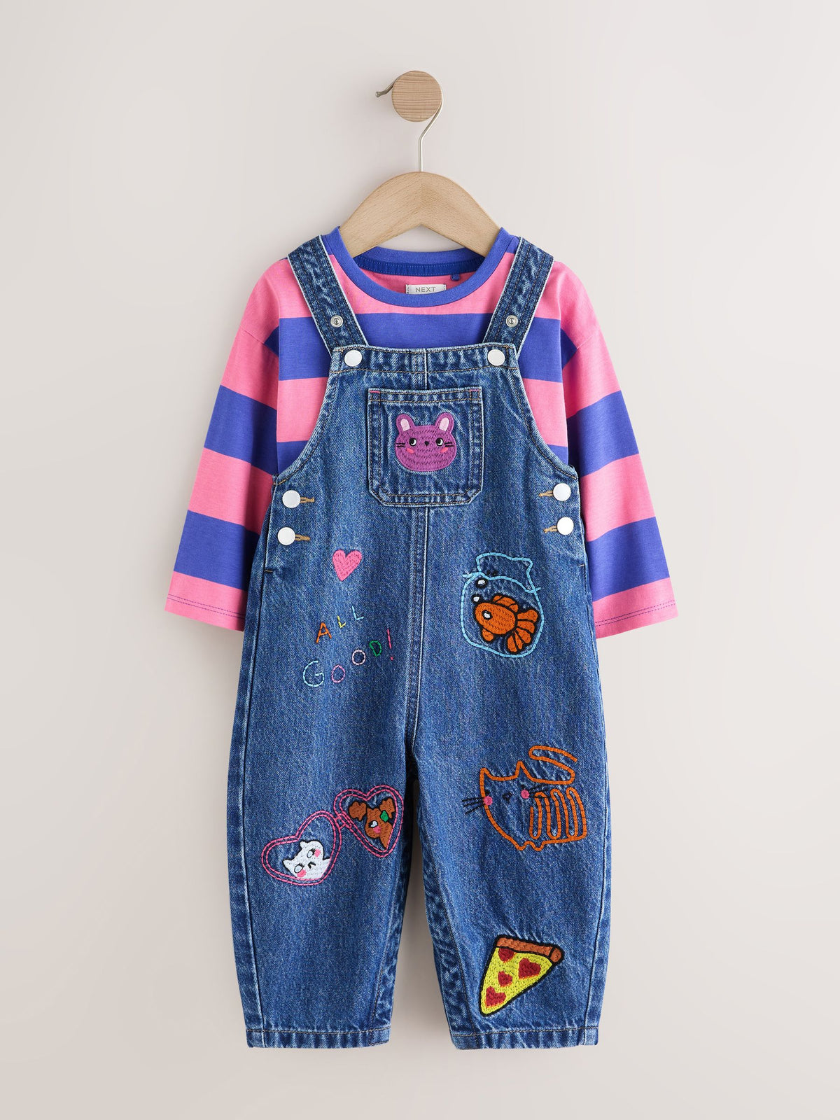 Blue/Pink Stripe Embroidered Denim Dungaree Set (3mths-7yrs)