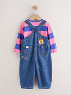 Blue/Pink Stripe Embroidered Denim Dungaree Set (3mths-7yrs)