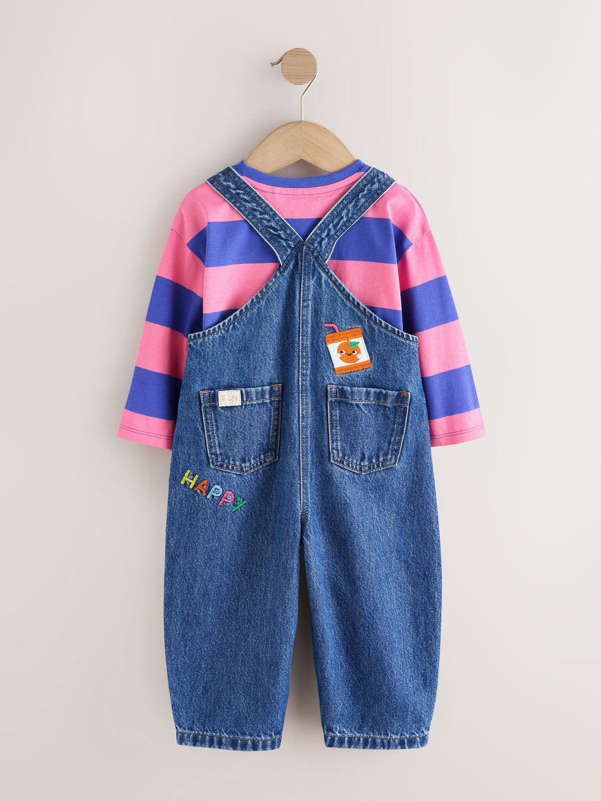 Blue/Pink Stripe Embroidered Denim Dungaree Set (3mths-7yrs)