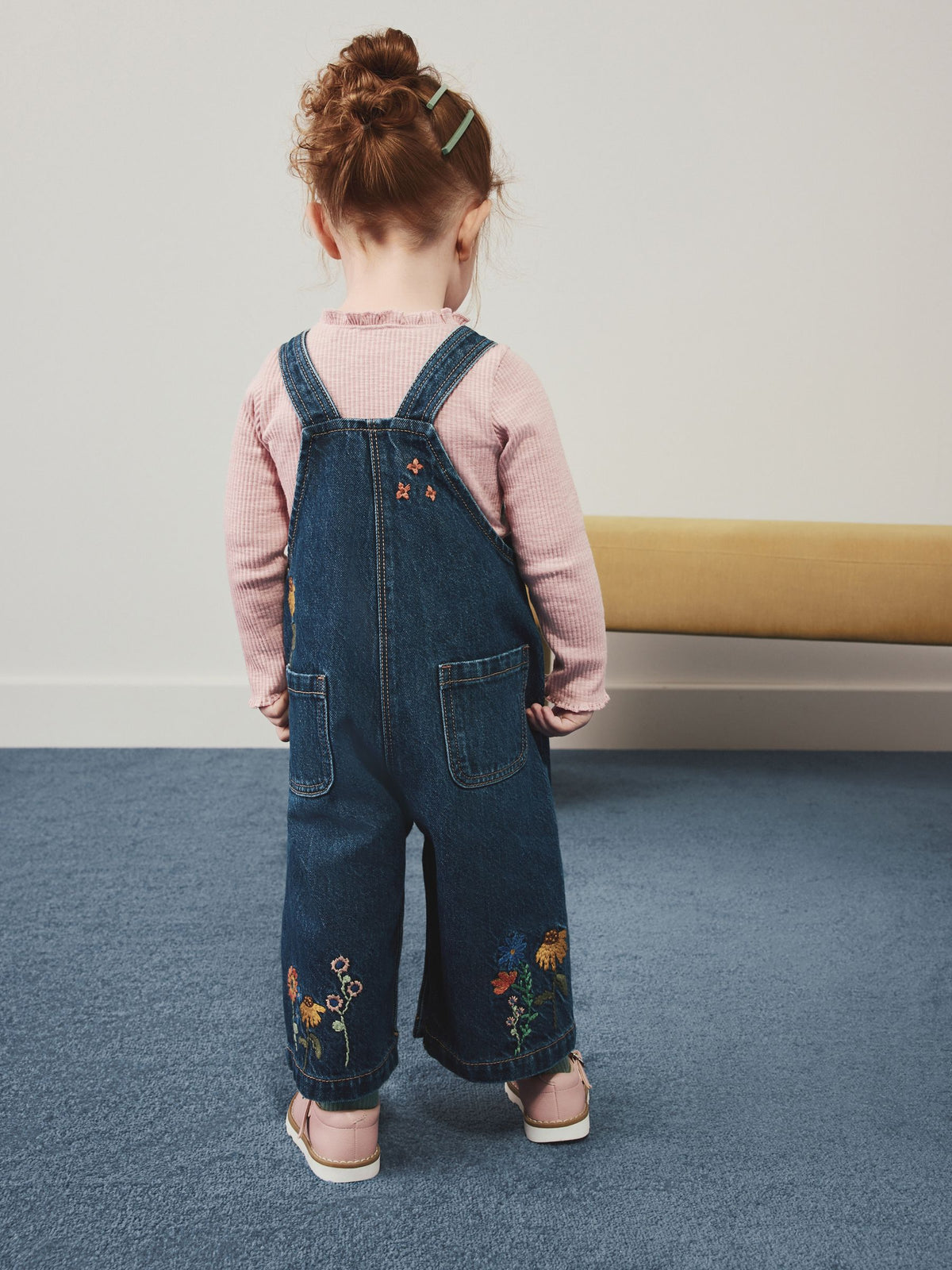 Pink Floral Embroidered Denim Dungaree Set (3mths-7yrs)