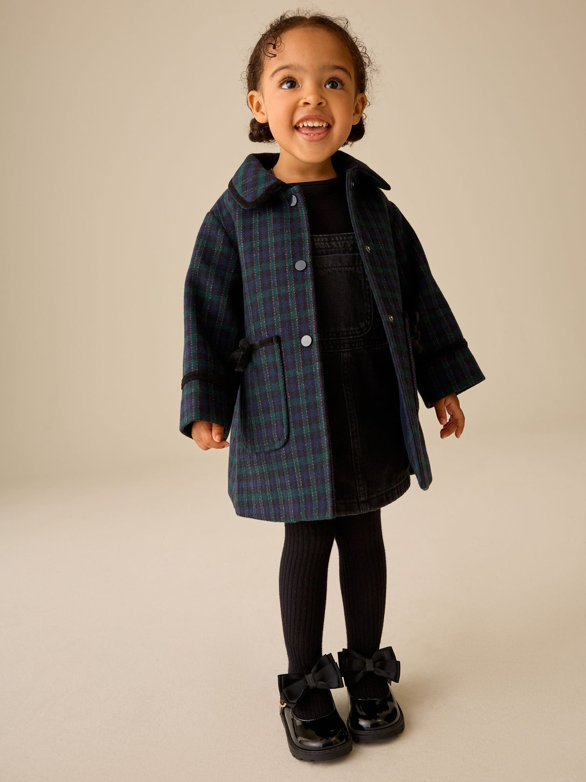 Navy Check Wool Blend Coat with Bow Details (3mths-8yrs)