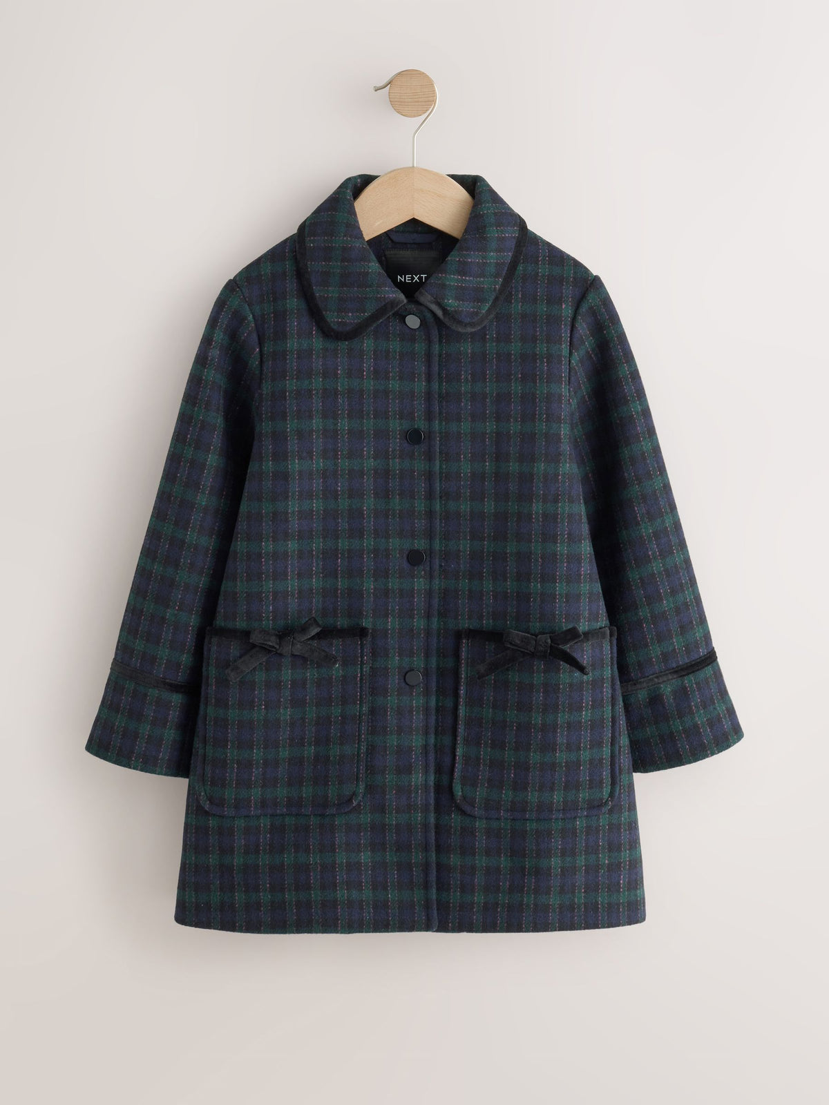 Navy Check Wool Blend Coat with Bow Details (3mths-8yrs)