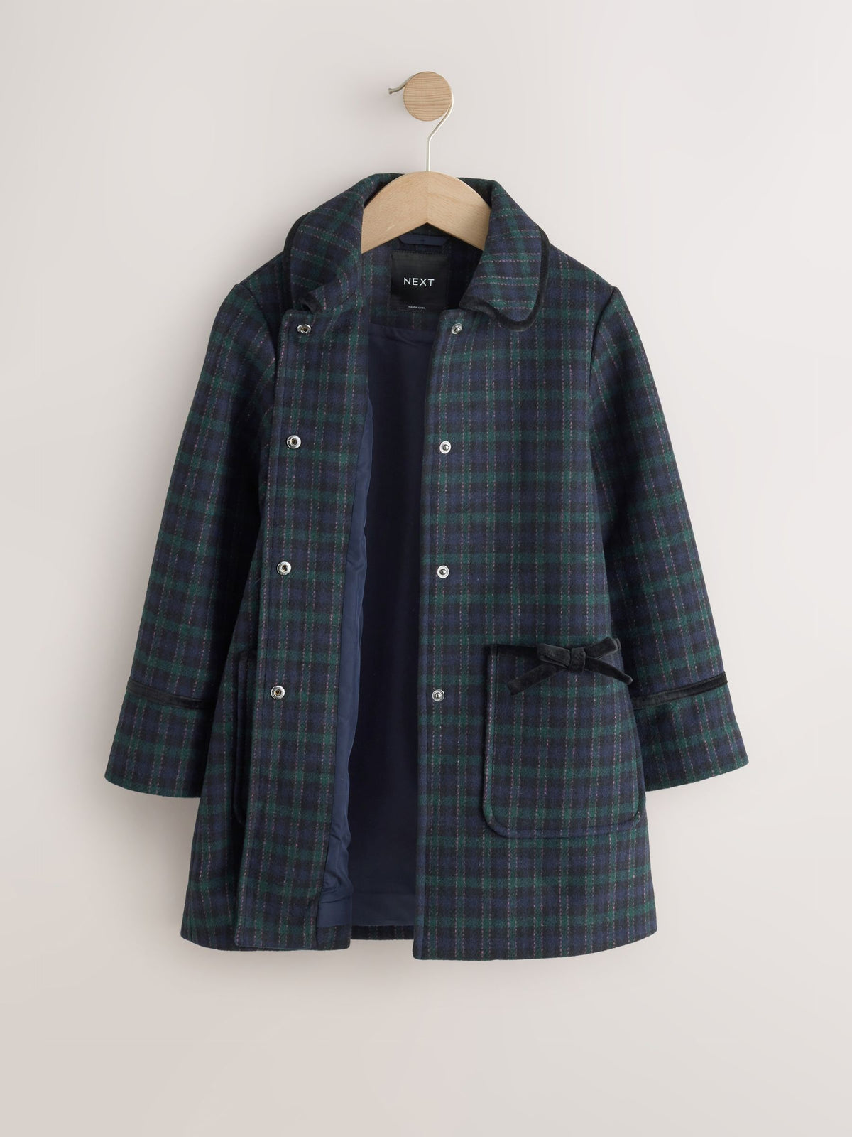 Navy Check Wool Blend Coat with Bow Details (3mths-8yrs)