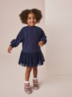 Navy Bow Long Sleeve Sweat Dress (3mths-7yrs)