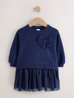 Navy Bow Long Sleeve Sweat Dress (3mths-7yrs)