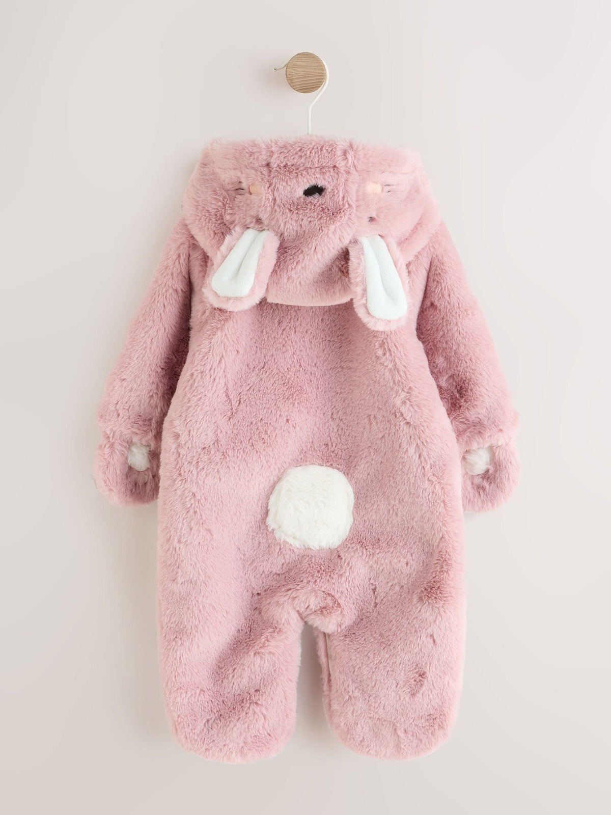 Pink Embroidered Bunny Faux Fur Hooded Baby All-In-One (0mths-2yrs)