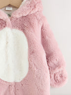 Pink Embroidered Bunny Faux Fur Hooded Baby All-In-One (0mths-2yrs)