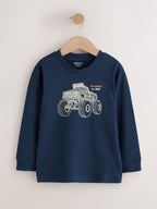 Navy/Tan/Stone Vehicles Graphic Long Sleeve Relaxed Fit T-Shirts 3 Pack (3-16yrs)