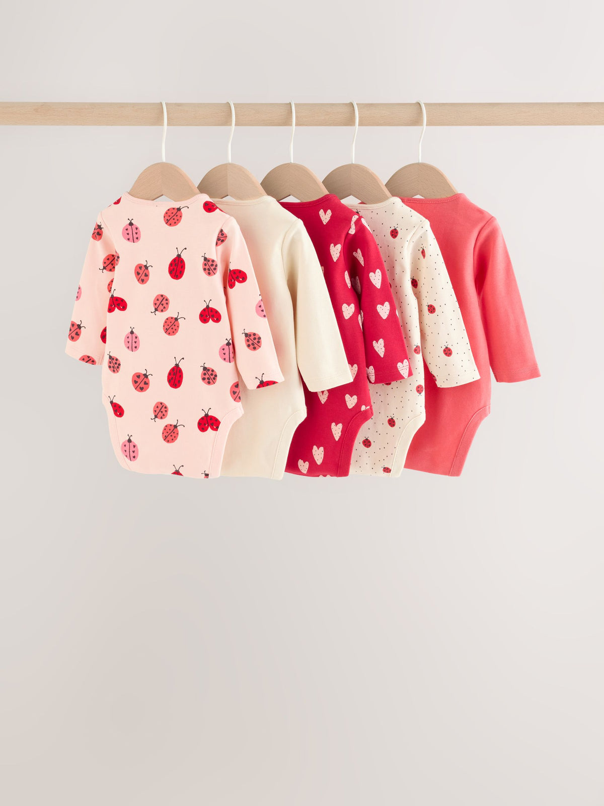 Red Ladybird Long Sleeve Baby Bodysuits 5 Pack