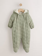 Green Crinkle Bear Face Quilted Baby Pramsuit (0mths-2yrs)