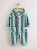 Blue Stripe Borg Button Hooded Baby Pramsuit (0mths-2yrs)
