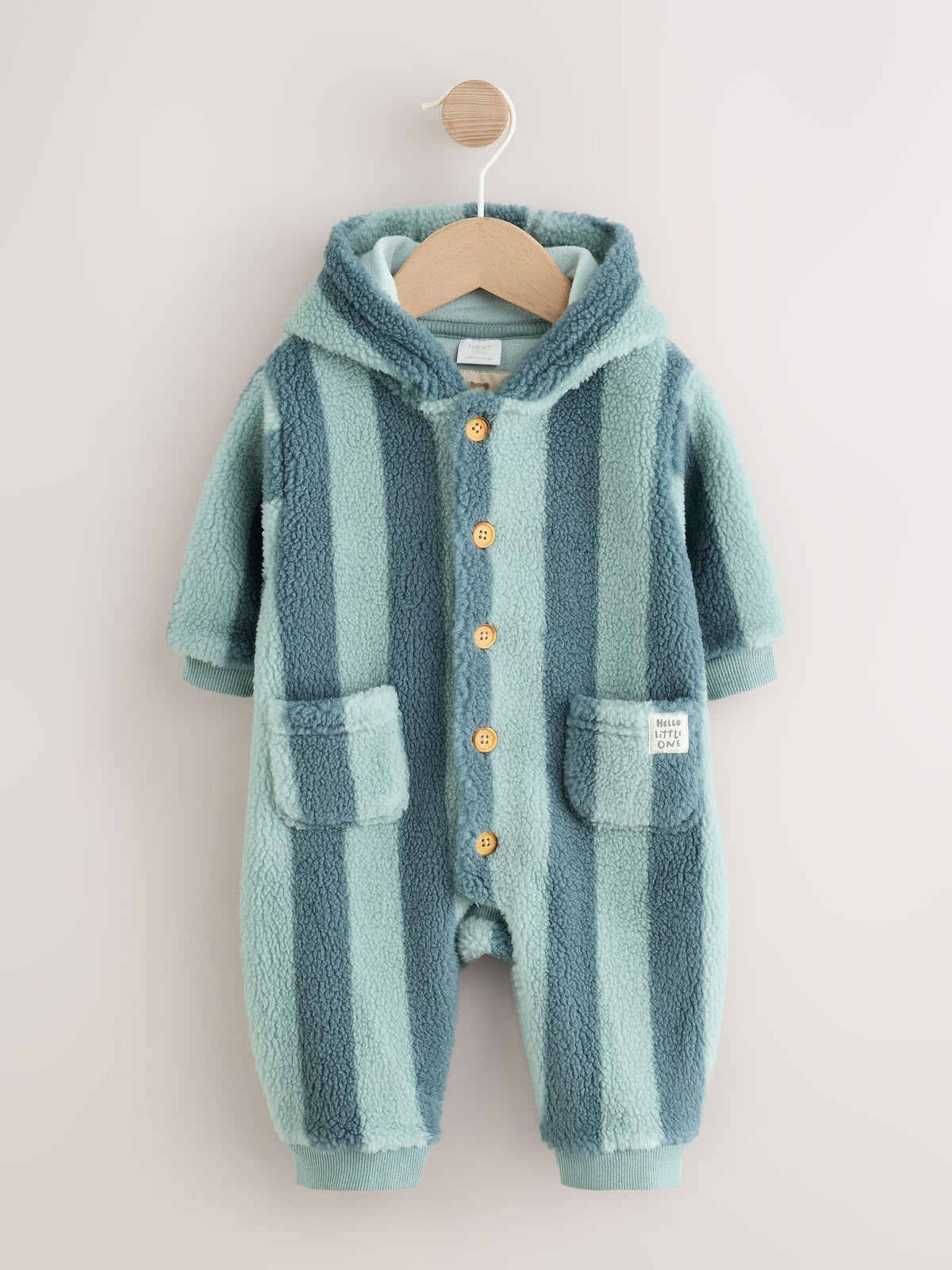 Blue Stripe Borg Button Hooded Baby Pramsuit (0mths-2yrs)