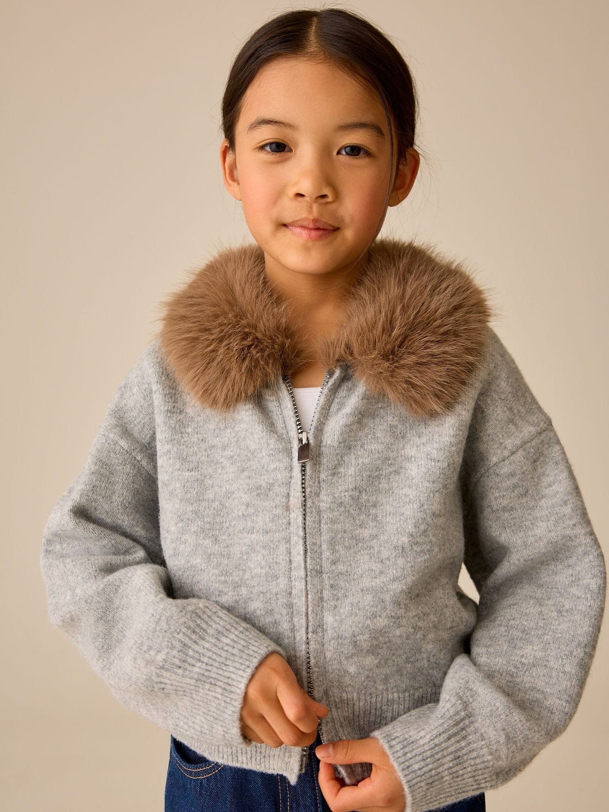 Grey Fur Collar Knitted Bomber Cardigan (3-16yrs)