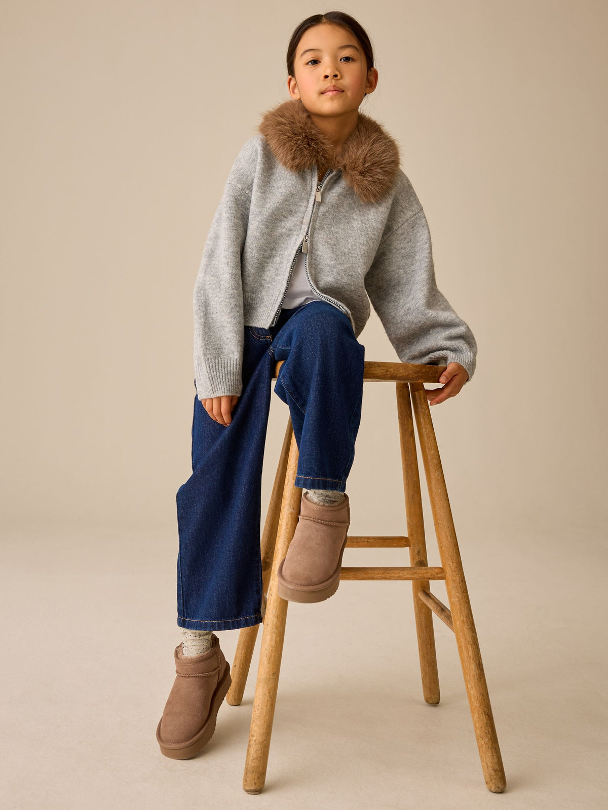 Grey Fur Collar Knitted Bomber Cardigan (3-16yrs)