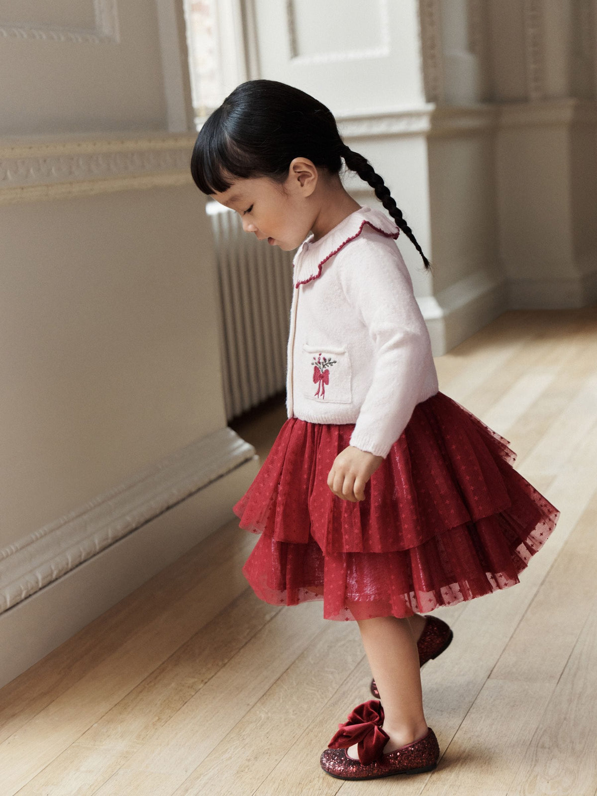Ecru and Burgundy Red Embroidered Cardigan and Skirt Set (3mths-10yrs)