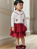 Ecru and Burgundy Red Embroidered Cardigan and Skirt Set (3mths-10yrs)