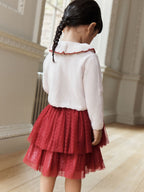 Ecru and Burgundy Red Embroidered Cardigan and Skirt Set (3mths-10yrs)