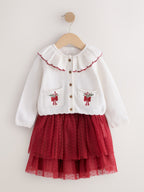 Ecru and Burgundy Red Embroidered Cardigan and Skirt Set (3mths-10yrs)